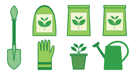 Green Gardening Tools Seed Packets Plant Shovel Gloves Watering Can