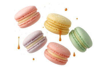 Colorful macarons floating with caramel drips isolated on transparent background.
