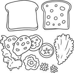 Sandwich Ingredients Set – Vector Illustration of Bread Slices, Lettuce, Tomato, Cucumber, and Leafy Greens