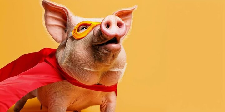 Superheldenschwein vor gelbem Hintergrund