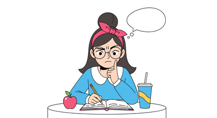 A young girl contemplates while studying at a desk with an apple and a drink