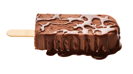 Tempting chocolate popsicle with dripping fudge on a transparent background, perfect for dessert promotions.