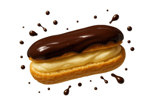 Gourmet chocolate eclair with cream filling, isolated on transparent background. - Powered by Adobe