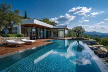 Fototapeta premium Modern luxury villa with infinity pool overlooking mountains