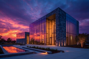 Obraz premium Modern glass office building reflecting vibrant sunset at twilight