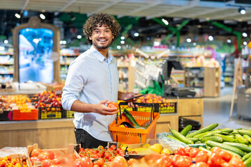 A smiling man shops for fresh produce in a well-lit grocery store, holding a tomato and shopping basket.