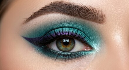 Fototapeta premium Close-up of eye with vibrant teal and purple eyeshadow with dramatic eyeliner
