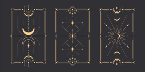 Fototapeta na wymiar Tarot moon frame designs with golden celestial elements - crescent phases, radiating sun rays, star constellations inside rectangular borders. Mystical card templates for divination and spiritual art.