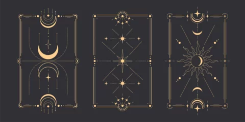 Fototapete Rund Tarot moon frame designs with golden celestial elements - crescent phases, radiating sun rays, star constellations inside rectangular borders. Mystical card templates for divination and spiritual art. © klyaksun