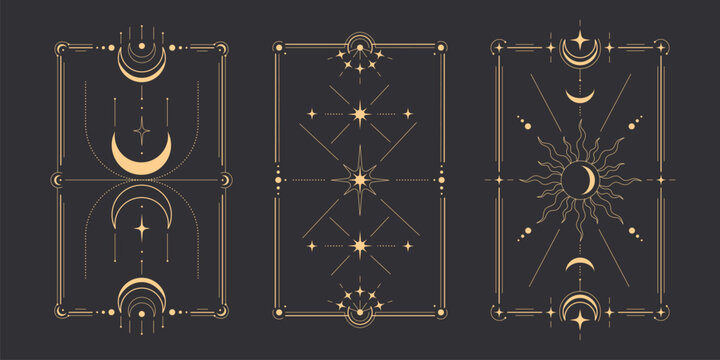 Tarot moon frame designs with golden celestial elements - crescent phases, radiating sun rays, star constellations inside rectangular borders. Mystical card templates for divination and spiritual art.