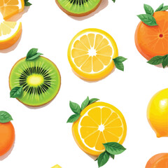 Citrus and Kiwi Fruit Pattern – Vector Illustration of Sliced and Whole Oranges, Lemons, Grapefruits, and Kiwis with Leaves