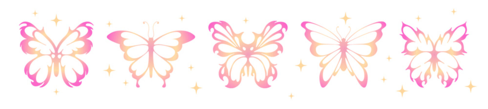 Y2K butterfly collection with gradient pink yellow wings and decorative sparkle stars. Retro 2000s aesthetic insects for nostalgic designs, girly graphics and trendy millennial illustrations.