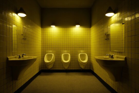 three urinals on the wall. a bathroom with two urves and a sink. a bathroom with two sinks and a urinal