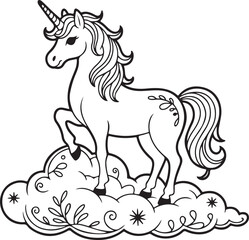 A majestic unicorn standing gracefully atop a whimsical cloud with decorative elements
