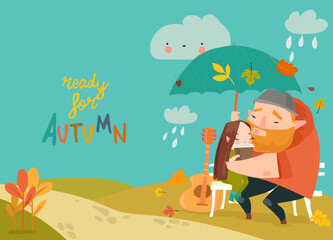 Couple embracing on bench and drink coffee under umbrella