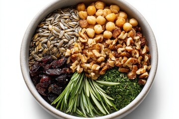A bowl filled with chickpeas, walnuts, sunflower seeds, dried fruits, and herbs. Perfect for healthy snacking or meal preparation.