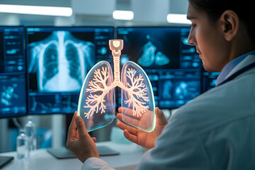 Doctor examining holographic lungs projection in modern futuristic laboratory