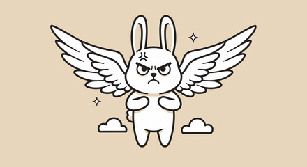 Angry Cartoon Bunny with Wings, Grumpy Expression, and Clouds