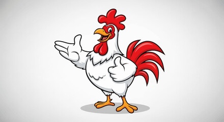 Cartoon Rooster Mascot with Red Comb and Tail Feathers on White Background