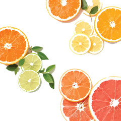 Colorful Citrus Fruit Slices – Vector Illustration of Oranges, Lemons, Limes, and Grapefruits with Leaves
