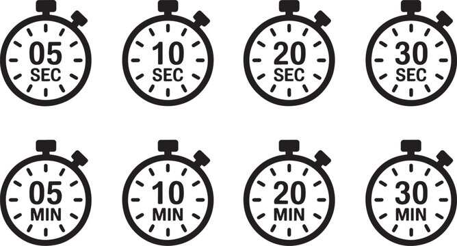 Set of stopwatch icons for 5 10 20 30 seconds and minutes isolated on white background silhouette