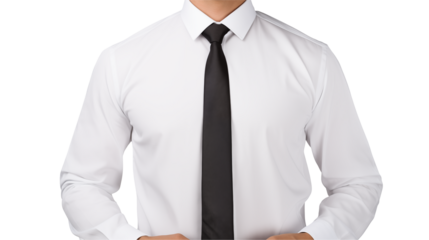 A crisp white shirt with a black tie presents a clean, professional look against a transparent background.