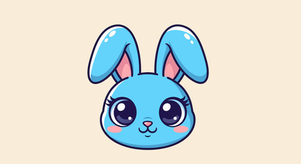 Fototapeta premium Cute Blue Cartoon Bunny Head with Big Eyes and Pink Cheeks