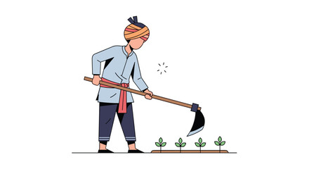 Farmer cultivating young plants with traditional hoe on a sunny day