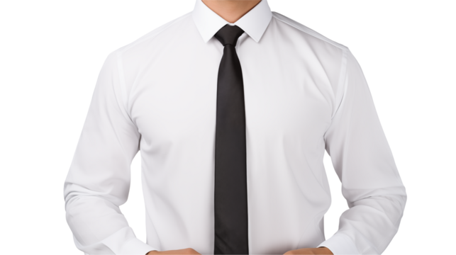 A crisp white shirt with a black tie presents a clean, professional look against a transparent background.