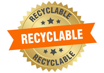 recyclable. recyclable round orange and gold label isolated on transparent background