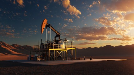 Sunset over Oil Pump in Desert Landscape