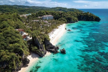 Fototapeta premium a view of the beach. a beach with a white sand beach and a resort. a beach scene with a large body of water