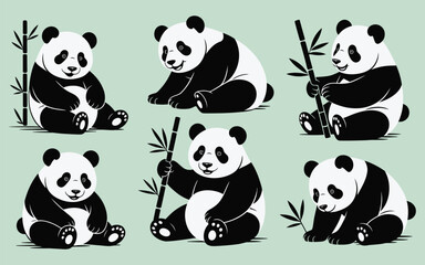 Collection of cute cartoon pandas sitting and holding bamboo on a light green background