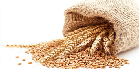 Close-up of wheat seeds in a sack with a tied wheat sheaf on a white background