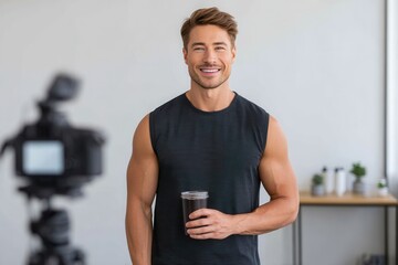 Young caucasian male fitness influencer holding smoothie in studio setting.