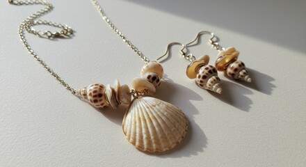 Seashell Necklace and Earrings Set on Beige Background