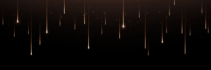 Golden shooting stars cascade down dark night background - meteor shower with warm light trails and sparkles for luxury celebration, festive event decoration and magical space themed design elements.