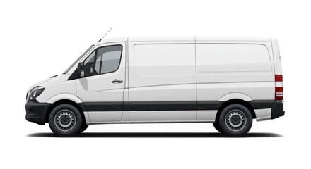 Isolated White Cargo Van Side View with Black Trim and Gray Wheels on White Background
