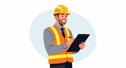 Smiling Construction Worker in Yellow Hard Hat and Safety Vest Writing on Clipboard
