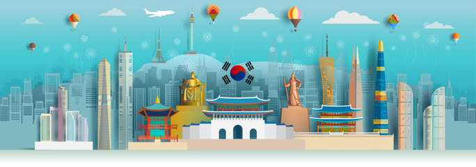 Illustration travel south Korea independence day anniversary and celebration. Tour landmarks south Korea with architecture background,  Travel landmark to seoul in Asia with panorama view.