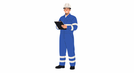 Smiling Worker in Blue Overalls Holding Clipboard and Pen on White Background