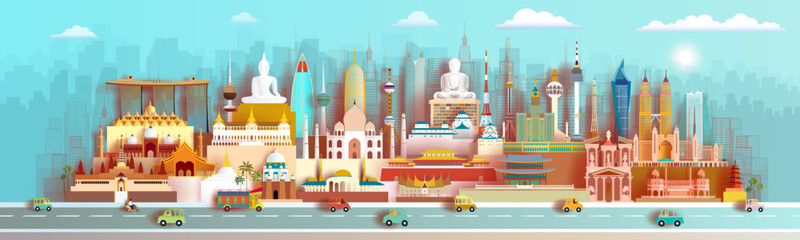 Travel and tour landmarks Asia famous ancient and modern architectural monument, Colorful architecture of asian. Travel panorama Budapest landmark of Europe. Big silhouette set of famous landmarks of 