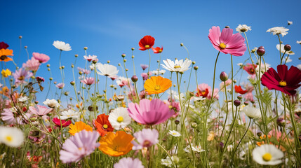 Vibrant wildflower meadow in full bloom with colorful petals under a clear blue sky