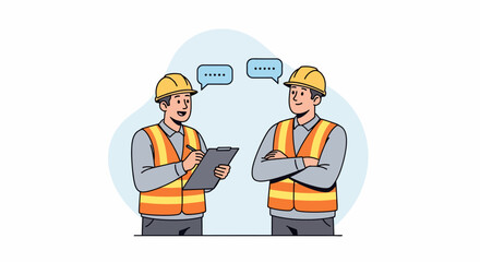 Two Construction Workers in Yellow Hard Hats and Orange Vests Discussing Project Details on Clipboard