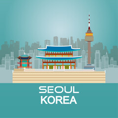 Travel south Korea Gyeongbok palace, Gyeongbokgung palace, Seoul tower in Seoul. Tour landmarks south Korea with architecture symbol and icon, Travel illustration . 