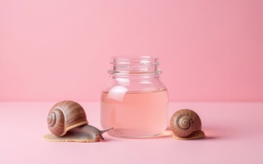 Snail mucin products at pink background. Natural cosmetic.