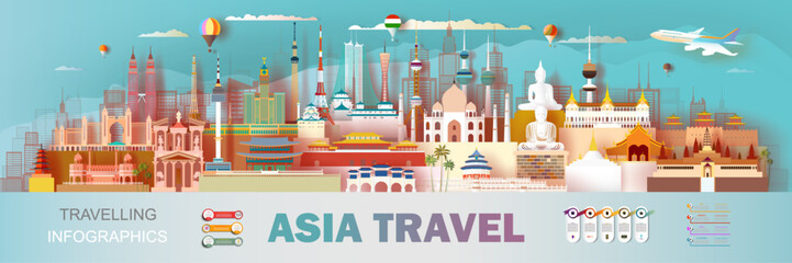  Travel and tourism infographic landmarks of Asia famous architectural and monument illustration, Colorful architecture silhouette monuments. Business travel infographics landmark of world in Asia.