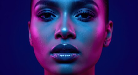 Young african female with creative neon lighting on face in close-up portrait