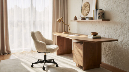 Modern Home Office with Curved Oak Desk, Bouclé Chair, and Ambient Autumn Light through Sheer Curtains