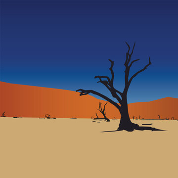 Minimal desert landscape and silhouette with trees, editable, and layered 